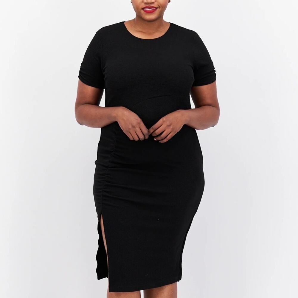 Rachel Rachel Roy Textured Midi Dress Short Sleeve Ruched Side Black Siz 22W NWT